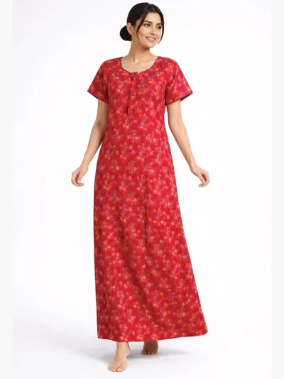 Women's Cotton Piping Nighty, Printed – Raspberry